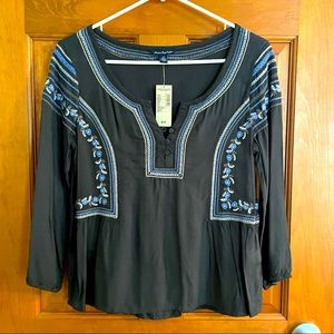 American Eagle Peasant Top, Tunic, Size Small, Navy Blue, Embroidered